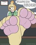  4_toes animal_crossing canid canine canis domestic_dog english_text enroshiva feet female foot_fetish foot_focus hi_res isabelle_(animal_crossing) looking_at_viewer mammal nintendo office one_eye_closed pawpads paws smile soles solo text toes video_games 