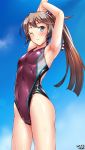  1girl artist_name breasts collarbone competition_swimsuit covered_navel cowboy_shot dated eyebrows_visible_through_hair hair_between_eyes highres kantai_collection long_hair looking_at_viewer one-piece_swimsuit pink_swimsuit solo standing swimsuit tsuchimiya 