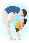  1boy 1girl barefoot bent_over black_hair bouquet brown_eyes brown_hair eye_contact flat_color flower gake_no_ue_no_ponyo hands_on_own_knees highres lisa_(ponyo) looking_at_another mother&#039;s_day mother_and_son pants shaved_head shirt short_hair short_sleeves shorts smile sousuke_(ponyo) standing t-shirt tombiiwa undercut white_background yellow_shirt 