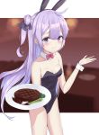  1girl absurdres animal_ears azur_lane black_leotard blurry bow bowtie breasts bunny_ears bunny_girl bunny_tail bunnysuit cowboy_shot depth_of_field detached_collar disconnected_mouth food highres leotard light_smile long_hair looking_at_viewer okappa_(bobbed001) plate purple_eyes purple_hair red_neckwear small_breasts solo steak strapless strapless_leotard tail unicorn_(azur_lane) wrist_cuffs 