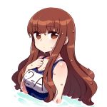  1girl bangs breasts brown_eyes brown_hair chan_co cleavage eyebrows_visible_through_hair fate/extra fate_(series) kishinami_hakuno_(female) long_hair looking_at_viewer one-piece_swimsuit school_swimsuit simple_background solo swimsuit upper_body wet white_background 