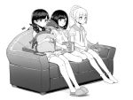  3girls blush closed_mouth couch food gen_4_pokemon gen_7_pokemon greyscale holding lillie_(pokemon) long_hair mizuki_(pokemon) monochrome multiple_girls notori_d pillow pokedex pokemon pokemon_(creature) pokemon_(game) pokemon_sm pokemon_usum ponytail popcorn rotom rotom_dex salandit short_hair short_sleeves shorts simple_background sitting skirt slippers socks toucannon white_background 