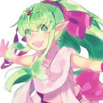 1girl aisutabetao chiki fire_emblem fire_emblem:_monshou_no_nazo green_eyes green_hair hair_ribbon long_hair mamkute open_mouth outstretched_arms pointy_ears ponytail ribbon simple_background solo spread_arms tiara upper_body white_background 