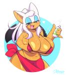  2019 3mangos anthro big_breasts bikini blue_eyes breasts chiropteran clothing digital_media_(artwork) eyeshadow female hair hi_res holding_object huge_breasts looking_at_viewer lotion makeup mammal open_mouth rouge_the_bat solo sonic_(series) swimwear white_hair 