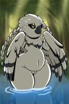  amelia_abernachy anthro avian beak bird black_feathers black_sclera braided_hair bubo_(genus) feathered_wings feathers female hair hi_res owl pussy regret-everything slightly_chubby snowy_owl solo standing thick_thighs true_owl water white_feathers wide_hips wings 