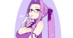  1girl bare_shoulders breasts chan_co china_dress chinese_clothes cleavage dress earrings elbow_gloves fate/stay_night fate_(series) forehead glasses gloves hair_ribbon jewelry large_breasts long_hair looking_at_viewer ponytail purple_eyes purple_hair ribbon rider solo tongue tongue_out very_long_hair white_gloves 