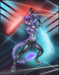  2019 4_toes 5_fingers anthro blue_eyes clothed clothing digital_media_(artwork) felid fur goodfornothingarts hair hi_res male mammal navel pantherine purple_fur purple_hair smile solo standing tiger toes topless 