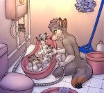 2019 age_difference ambiguous_gender anthro bath bathing bathroom battler black_nose blue_eyes broom bucket canid canine canis countershading crossed_legs cub dipstick_tail eyes_closed eyewear father_and_child fluffy fluffy_tail fur glasses green_eyes grey_fur group head_tuft hi_res high-angle_view inside looking_back looking_down lying mammal multicolored_tail nude on_back on_front parent shower smile soap three-quarter_view toilet water white_fur wolf yellow_eyes young 