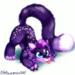  1:1 ass_up blep domestic_cat ear_piercing ear_ring felid feline felis feral fur hair hi_res invalid_tag looking_up mammal markings ohfourmouse piercing pink_tongue play_bow_pose playful purple_fur purple_hair raised_tail shadow simple_background solo tongue tongue_out tuft 