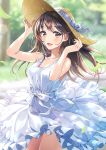  1girl :d bangs bare_shoulders blush breasts brown_eyes brown_hair collarbone dated day dress floating_hair hair_ornament hairclip hat highres holding holding_hat long_hair looking_at_viewer medium_breasts morikura_en open_mouth original outdoors sidelocks signature sleeveless sleeveless_dress smile solo sun_hat sundress white_dress wind wind_lift 