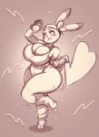  2019 anthro big_breasts biped breasts brown_theme cleavage cleft_tail clothed clothing dipstick_ears exercise female holding_object leg_warmers legwear long_ears mammal monochrome multicolored_ears nintendo on_one_leg pikachu pok&eacute;mon pok&eacute;mon_(species) rodent secretly_saucy standing sweat video_games voluptuous wide_hips 