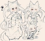  1girl ahoge animal_ears bangs blush breasts buttons cat_ears cat_tail chibi coffee_cup cup disposable_cup ehrrr eyebrows_visible_through_hair fake_animal_ears fake_tail girls_frontline hair_ornament highres jacket long_hair looking_at_viewer m14_(girls_frontline) monochrome multiple_views paw_pose ribbon shirt skirt smile solo tail thighhighs twintails 