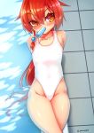  1girl collarbone commentary_request competition_swimsuit eyebrows_visible_through_hair flat_chest food hair_ornament highleg highleg_swimsuit highres long_hair looking_at_viewer mikagura mouth_hold one-piece_swimsuit original ponytail pool poolside popsicle red_eyes red_hair sitting solo swimsuit twitter_username water white_swimsuit 