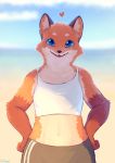  &lt;3 absurd_res ambiguous_gender anthro black_bottomwear black_clothing blue_eyes blue_sky bottomwear canid canine cheek_tuft clothing cloud color_fox ear_tuft fox front_view fur hi_res looking_at_viewer mammal open_mouth orange_fur outside portrait sky solo tan_fur three-quarter_portrait topwear tuft white_clothing white_topwear 