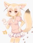  1girl :3 animal_ear_fluff animal_ears arm_up blonde_hair blush bow bowtie brown_eyes clenched_hand contrapposto cowboy_shot eyebrows_visible_through_hair fennec_(kemono_friends) fox_ears fox_tail grey_background hand_on_hip highres japari_symbol kemono_friends light_smile looking_at_viewer miniskirt ogakororomi paw_background pink_sweater pleated_skirt puffy_short_sleeves puffy_sleeves shirt short_hair short_sleeves simple_background skirt solo standing sweater tail thighhighs white_shirt white_skirt wrist_cuffs yellow_legwear yellow_neckwear zettai_ryouiki 