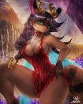  anthro black_hair black_nose breasts brown_fur chest_tuft clothing clothing_lift curvaceous detailed_background dress dress_lift female fur girlsay glistening glistening_fur hair hi_res looking_at_viewer multicolored_fur nipple_outline red_clothing red_dress solo species_request teal_eyes thick_thighs tuft umbrella wide_hips 