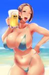  1girl absurdres alcohol beach beer beer_mug bikini blue_bikini blurry blurry_background bob_cut breasts brown_eyes brown_hair choker cleavage commentary cowboy_shot cup day depth_of_field english_commentary hair_behind_ear hand_on_hip highleg highleg_bikini highres holding holding_cup huge_breasts looking_at_viewer mole mole_under_eye one_eye_closed open_mouth original outdoors short_hair solo swimsuit ueda_torini 