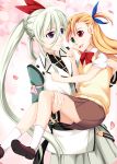  2girls blonde_hair blue_eyes blue_ribbon bow bowtie brown_footwear carrying couple einhart_stratos green_eyes green_hair hair_ribbon heterochromia inu0831 long_hair lyrical_nanoha mahou_shoujo_lyrical_nanoha_vivid multiple_girls petals princess_carry purple_eyes red_eyes red_ribbon ribbon school_uniform smile socks st._hilde_academy_of_magic_uniform sweater uniform very_long_hair vivio white_legwear yuri 