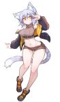  1girl animal_ears bare_shoulders blue_hair blush breasts cat_ears cat_tail eyebrows_visible_through_hair full_body fur_trim groin highres large_breasts looking_at_viewer navel orange_eyes original pantyhose ryota_tentei scar short_hair short_shorts shorts simple_background smile solo tail tora_tentei white_background yellow_eyes 