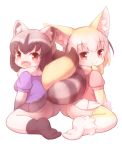 2girls animal_ear_fluff animal_ears arm_support ass ass-to-ass bangs black_gloves black_hair black_skirt blonde_hair blouse blush bow bowtie commentary common_raccoon_(kemono_friends) elbow_gloves fangs fennec_(kemono_friends) fox_ears fox_tail fur-trimmed_gloves fur_collar fur_trim gloves grey_hair intertwined_tails kemono_friends matsuu_(akiomoi) multicolored multicolored_clothes multicolored_gloves multicolored_hair multicolored_legwear multiple_girls no_shoes open_mouth pantyhose pink_sweater pleated_skirt purple_blouse raccoon_ears raccoon_tail red_eyes short_sleeves simple_background sitting skirt skirt_lift smile sweater tail tareme thighhighs wariza white_background white_gloves white_legwear white_skirt yellow_gloves yellow_neckwear 