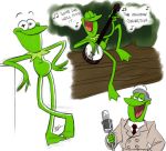  aeolus06 amphibian banjo barefoot clothing eyes_closed frog green_skin kermit_the_frog log microphone muppets musical_instrument reporter singing sitting trenchcoat wood 