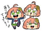  1girl :d ahoge animal_band_legwear bangs bkub black_footwear blazer blue_jacket blue_legwear blush blush_stickers bow bowtie buttons cat_band_legwear chibi collared_shirt commentary dot_nose double_v eyebrows_visible_through_hair flower full_body green_eyes green_skirt hair_between_eyes hair_flower hair_ornament half-closed_eyes honma_himawari jacket medium_hair motion_lines multiple_views nijisanji open_mouth orange_hair outstretched_arms pleated_skirt red_bow red_neckwear school_uniform shirt shoes simple_background skirt smile solo standing standing_on_one_leg sunflower_hair_ornament thighhighs translation_request triangle_mouth upper_teeth v virtual_youtuber white_background wing_collar 