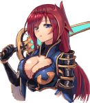  1girl bangs beatrix_(granblue_fantasy) beatrix_(granblue_fantasy)_(cosplay) black_gloves blue_eyes blush breasts cleavage cleavage_cutout cosplay eyebrows_visible_through_hair gloves godguard_brodia granblue_fantasy hair_between_eyes hair_ornament holding holding_sword holding_weapon large_breasts long_hair looking_at_viewer moppo open_mouth over_shoulder pauldrons red_hair simple_background sketch solo sword sword_over_shoulder upper_body very_long_hair weapon weapon_over_shoulder white_background 