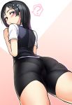  1girl ? ass bike_shorts black_hair black_shorts black_vest blue_eyes blush commentary_request cowboy_shot from_behind from_below hair_ornament hairclip hand_up highres kantai_collection kuroshio_(kantai_collection) looking_back outline pink_background shirt short_hair short_shorts short_sleeves shorts solo spoken_question_mark standing taketora_suzume thighs two-tone_background vest white_background white_outline white_shirt 