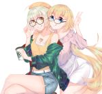  2girls absurdres alternate_costume bangs bare_shoulders belt blonde_hair blouse blue_eyes blurry board_game breasts coffee_cup commentary cup disposable_cup fate/grand_order fate_(series) frilled_shirt_collar frills glasses go grin highres jacket jeanne_d&#039;arc_(alter)_(fate) jeanne_d&#039;arc_(fate) jeanne_d&#039;arc_(fate)_(all) large_breasts long_hair long_sleeves multiple_girls sd4869 short_hair shorts silver_hair sitting skirt smile tank_top tongue tongue_out tsurime white_background yellow_eyes 
