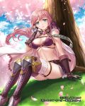  1girl blue_sky boots bow box_(hotpppink) breasts cape cherry_blossoms cleavage company_name elbow_gloves fingerless_gloves gloves grass highres hortensia_saga looking_at_viewer medium_breasts navel o-ring official_art outdoors pink_hair ponytail purple_bow sitting sky thigh_strap thighhighs tree 