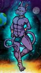  absurd_res beerus bulge clothed clothing domestic_cat dragon_ball dragon_ball_super felid feline felis glowing hi_res jewelry male mammal muscular salamikii skimpy solo space thong tongue tongue_out 