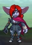  2019 big_breasts boots bra breasts cleavage clothed clothing dress eye_patch eyewear female footwear furball hair humanoid league_of_legends legwear looking_at_viewer pink_eyes ponytail red_hair riot_games short_stack simple_background smile solo standing thigh_highs underwear video_games wide_hips wyla_(furball) yordle 