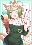  1girl absurdres ahoge animal_ear_fluff animal_ears atalanta_(fate) bangs blue_pants braid cat_ears cat_girl cat_tail commentary_request eyebrows_visible_through_hair fang fate/apocrypha fate_(series) food gradient_hair green_eyes green_hair green_sweater hair_between_eyes hair_bun head_tilt heart heart_ahoge heart_tail highres holding holding_food holding_spoon ice_cream kirishina_(raindrop-050928) light_brown_hair long_sleeves medallion multicolored_hair off-shoulder_sweater off_shoulder open_mouth pants see-through shirt sleeveless sleeveless_shirt solo sparkle spoon sweater tail white_shirt wide_sleeves 