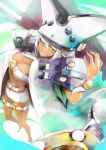  1girl absurdres artist_request belt beltbra breasts cape clover colored_eyelashes creature dark_skin four-leaf_clover guilty_gear guilty_gear_xrd hat highres huge_weapon long_hair orange_eyes platinum_blonde_hair ramlethal_valentine sharp_teeth short_shorts shorts simple_background teeth thigh_strap underboob weapon white_hair 