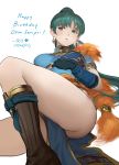  1girl bangs blush boots dated earrings elbow_gloves england english_commentary fingerless_gloves fire_emblem gloves green_eyes green_hair happy_birthday highres jewelry kneehighs long_hair lyndis_(fire_emblem) pelvic_curtain qosic reclining solo thighs 