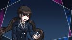  1girl bangs blue_background blue_jacket brown_hair collared_shirt danganronpa floating_hair hair_ornament harukawa_maki jacket long_hair long_sleeves necktie new_danganronpa_v3 official_alternate_costume official_style open_mouth red_eyes school_uniform shiny shiny_hair shirt solo striped sweatdrop upper_body very_long_hair white_shirt wing_collar yumaru_(marumarumaru) 