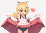  1girl :3 animal_ear_fluff animal_ears apron blonde_hair brown_eyes buruma buruma_under_skirt fang fox_ears fox_tail hakama hakama_skirt heart highres japanese_clothes lifted_by_self open_mouth retumihari senko_(sewayaki_kitsune_no_senko-san) sewayaki_kitsune_no_senko-san shirt short_hair skirt skirt_lift smile solo tail white_apron white_shirt 