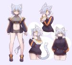  1girl :3 absurdres animal_ears bare_shoulders blue_hair blush breasts cat_ears cat_tail full_body fur_trim groin highres jacket large_breasts light_smile looking_at_viewer navel open_mouth orange_eyes original pantyhose pointing ryota_tentei scar short_hair short_shorts shorts smile solo tail tora_tentei 