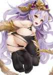  1girl absurdres ass blush breasts breasts_outside cameltoe commentary_request feet from_behind granblue_fantasy hair_between_eyes headpiece highres hyouta_(yoneya) lavender_hair long_hair looking_at_viewer looking_back medusa_(shingeki_no_bahamut) nipples no_shoes open_mouth pantyhose pointy_ears red_eyes revision simple_background small_breasts soles solo tail toes torn_clothes torn_legwear very_long_hair white_background 