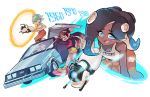  4girls aori_(splatoon) back_to_the_future car chell chell_(cosplay) clothes_around_waist cosplay delorean driving eyelashes ground_vehicle hime_(splatoon) hotaru_(splatoon) hover_board iida_(splatoon) motor_vehicle multiple_girls open_mouth portal_(object) portal_(series) simple_background smile splatoon_(series) splatoon_2 tank_top tentacle_hair time_machine white_background wong_ying_chee 