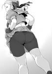  1girl antenna_hair ass bike_shorts drill_hair dutch_angle from_below gloves grey_background greyscale hands_on_hips kanzuki_karin kneepits looking_back messatsu_tan monochrome pantylines short_hair solo street_fighter sweat 