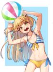  1girl :d armpits arms_up ball beachball bikini blonde_hair bracelet breasts cleavage clothes_writing collarbone commentary cowboy_shot eyebrows_visible_through_hair eyelashes fangs front-tie_top green_eyes holding holding_ball idolmaster idolmaster_cinderella_girls jewelry jougasaki_rika kakaobataa long_hair looking_at_viewer navel necklace open_mouth side-tie_bikini simple_background small_breasts smile solo star star_necklace striped striped_bikini_top swimsuit teeth two_side_up 