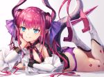  1girl bangs blue_eyes blush boots breasts curled_horns detached_sleeves dragon_horns dragon_tail dress elizabeth_bathory_(fate)_(all) eyebrows_visible_through_hair fate/extra fate/extra_ccc fate_(series) finger_gloves high_heel_boots high_heels highres horns long_hair looking_at_viewer lying manichi on_stomach open_mouth panties pink_hair pointy_ears purple_panties ribbon small_breasts smile solo tail thighs two_side_up underwear white_footwear 