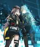  2girls assault_rifle bangs black_jacket black_legwear blurry blurry_background brown_eyes brown_hair commentary_request crossed_bangs eyebrows_visible_through_hair ghost girls_frontline grey_hair gun h&amp;k_ump45 hair_between_eyes heckler_&amp;_koch highres holding holding_gun holding_weapon jacket kisetsu mod3_(girls_frontline) multiple_girls night night_sky one_eye_closed one_side_up open_clothes open_jacket outdoors pantyhose rifle scar scar_across_eye shirt sky smile submachine_gun tears ump40_(girls_frontline) ump45_(girls_frontline) weapon white_shirt yellow_eyes 