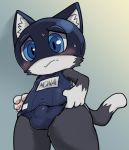  anthro black_fur blue_eyes blush bulge clothing domestic_cat felid feline felis fur huka male mammal morgana_(persona) navel penis_outline simple_background solo standing swimwear white_fur 