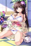  1girl :d bare_shoulders barefoot basket blush bra breasts brown_hair cameltoe cleavage collarbone commentary_request crotch_seam floral_print flower frilled_bra frilled_panties frills hair_flower hair_ornament hairclip indoors japanese_clothes kayari_buta kimono large_breasts light_particles long_hair long_sleeves looking_at_viewer obi open_mouth original oryou panties pink_flower print_kimono purple_eyes purple_flower sash seiza sidelocks sitting smile solo thighs underwear white_bra white_kimono white_panties wide_sleeves x_hair_ornament 