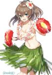  1girl alternate_costume bikini_top breasts brown_hair cleavage collarbone cowboy_shot dancing floral_print flower flower_necklace grass_skirt hair_flower hair_ornament highres hula jewelry kantai_collection kumano_(kantai_collection) lei long_hair looking_at_viewer medium_breasts navel necklace ponytail simple_background smile solo twitter_username white_background yamashiki_(orca_buteo) 