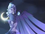  1girl alternate_costume alternate_hair_color angel_wings atlantic_mercy crescent crescent_hair_ornament crown crown_hair_ornament earrings gloves hair_ornament highres jewelry lips looking_at_viewer mechanical_wings mercy_(overwatch) nose overwatch purple_hair shenji_laurant shoulder_armor wings 