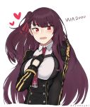  1girl bangs black_gloves blush breasts double-breasted girls_frontline gloves heart highres kyamagwi long_hair looking_at_viewer necktie open_mouth purple_hair red_eyes side_ponytail solo wa2000_(girls_frontline) wavy_mouth 