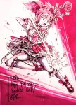  1girl 2017 aiming bow bow_(weapon) breasts bubble_skirt commentary dated elbow_gloves english_commentary flying_kick full_body gloves hair_bow happy_birthday inktober kaname_madoka kicking kneehighs magical_girl mahou_shoujo_madoka_magica petticoat pink_background pink_bow pink_eyes pink_hair puffy_short_sleeves puffy_sleeves short_sleeves short_twintails signature skirt small_breasts solo sparklenaut twintails weapon white_gloves white_legwear 